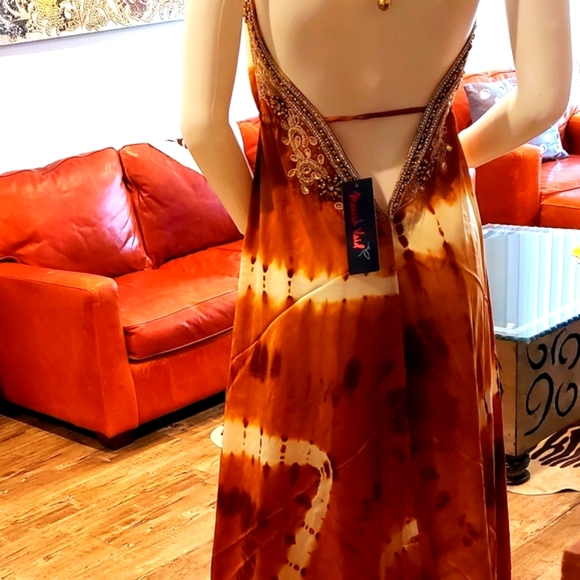 **LAST ONE**MANISH VAID Brn /Vanilla Tie Dye HI Lo Emb. Dress OS NWT - Picture 6 of 8